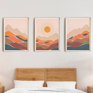 Home Decor Wall Art Prints, Boho Sun 3 Piece Wall Art Printable, Terracotta Wall Art Set of 3 Prints, Colorful Art Print Abstract Landscape