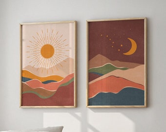 Sun Moon Wall Art Print 2 Piece Wall Art Prints Download Modern Earth Tone Wall Art, Boho Print Set Of 2 Sun And Moon Above Bed Art Print