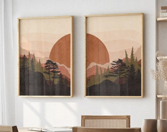 2 Piece Wall Art, Sun And Mountain Print Wall Art Modern Landscape, Burnt Orange Print Set Of 2, Sun Printable Wall Art Abstract Landscape