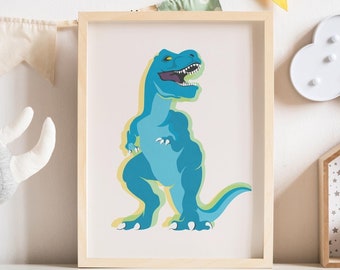 Decoración de pared de dinosaurios para habitación de adolescente, arte de pared azul con dinosaurios, decoración de dormitorio de niño con dinosaurios, decoración de pared para niño con dinosaurios azules (impresión digital)