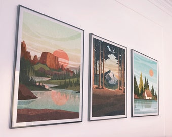Abstract Mountain Landscape Print Set Of 3 Piece Wall Art Prints Download Landscape, Set Of Three Prints National Park Prints Lake House Art
