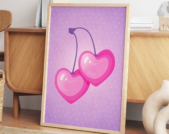 Utskrivbar Maximalist väggkonstdekor, nedladdningsbar digitaltryckt väggkonst för studentrummet, trendig väggkonstposter med rosa och lila hjärtformade körsbär