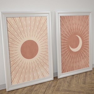 Sun and Moon Wall Art Prints Set of 2 Piece Wall Art, Above Bed Wall Decor Boho Sun And Moon Prints, Above Bed Wall Art Set of 2 Prints Boho