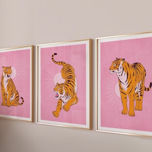 Blush pink wall art prints, Trendy wall art set of 3, Preppy Wall Art Tigers Printable Set, Pink And Orange Wall Art Prints, Tiger Wall Art