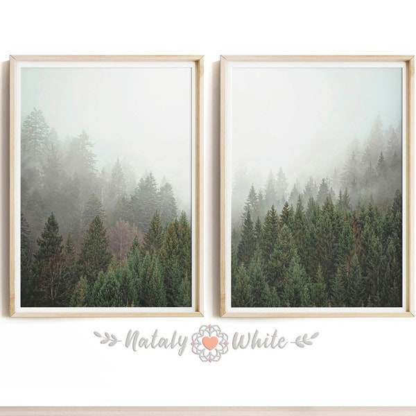 Nature Photography Set Of 2 Prints Download, Green Wall Art Printable Photo Foggy Forest Print, Pine Tree Wall Art Mountain Landscape Print