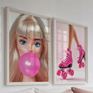 May include: Two framed prints, one with a doll blowing a pink bubble and the other with a pair of pink roller skates.