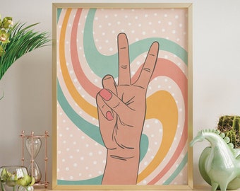 Retro Peace Sign Hand Poster: 70s Hippie Decor (Digital Download)