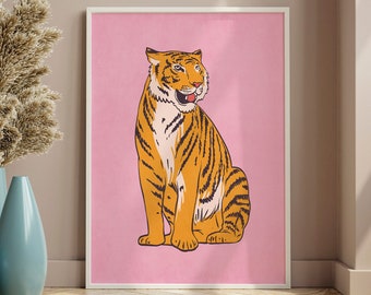 Tiger Print Wall Art Pink Preppy Decor, Trendy Room Decor Printable Wall Art Tiger Poster, Minimal Wall Art Aesthetic Wall Print Cheetah Art