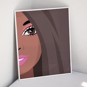 Puede incluir: Una ilustraci&oacute;n digital de la cara de una mujer con cabello casta&ntilde;o, ojos marrones y labios rosados. La mujer est&aacute; mirando hacia la derecha de la imagen.