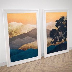 Blue Gold Mountain Landscape Art Prints: Set of 2 (Digital Download)