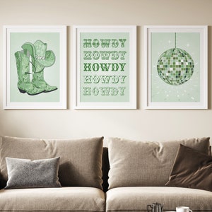 Sage green wall art digital download, dorm room decor - Coastal Cowgirl wall art set of 3 piece wall art - Boots & disco ball digital prints