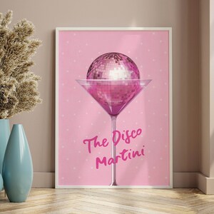 Disco Ball In Martini Glass Decor Funky Wall Art, Pink Wall Decor Alcohol Poster, Disco Party Alcohol Decor Poster, Pink Disco Trendy Poster