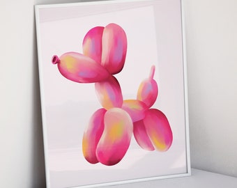 May include: A pink balloon animal shaped like a dog, with a white background. The balloon animal is made of several pink and yellow balloons.