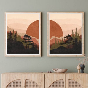 2 Piece Wall Art, Sun And Mountain Print Wall Art Modern Landscape, Burnt Orange Print Set Of 2, Sun Printable Wall Art Abstract Landscape