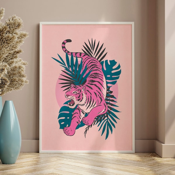 Apartment Decor Aesthetic Art Download, Tropical Wall Art Print, Pink Tiger Art Print, Palm Leaves Art Tiger Poster, Preppy Tiger Wall Art