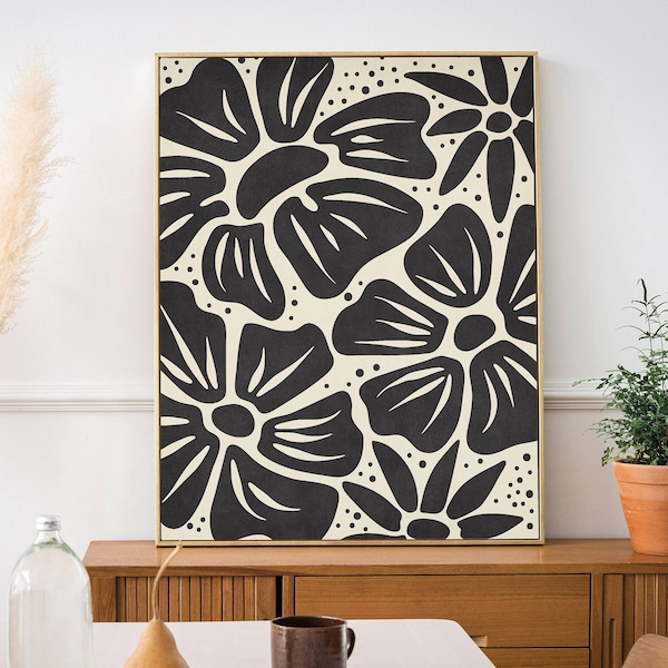 Black And White Art Flower Print, Downloadable Art Flower Poster, Abstract Floral Wall Art, Black Flower Art Print, Black White Wall Art