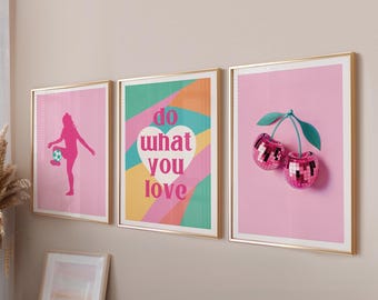 Teen Girl Wall Art Set of 3, Pink Wall Art for Girls Room Decor, Soccer Wall Art Motivational Poster Prints, Inspirational Digital Prints