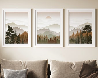 Bedroom Wall Art Over The Bed Mountain 3 Piece Art Forest Fall Prints, Living Room Wall Art Landscape Art Print, Mountain Wall Art Print