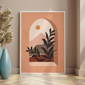 Modern Boho Art Print Poster, Boho Arch Print With Boho Landscape And Tropical Leaves, Boho Printable Art Home Decor Digital Download