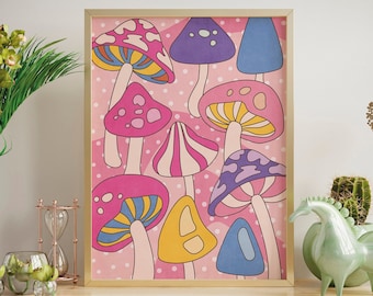 Pink Retro Mushroom Wall Art Print, Pink And Purple Mushroom Poster, Printable Preppy Print, Preppy Aesthetic Pink Mushroom Print Download