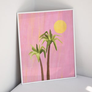 Arte de pared imprimible con palmeras, decoración de pared rosa, impresión de palmeras soleadas, arte de pared preppy rosa, póster estético rosa, impresiones de pared de moda digitales