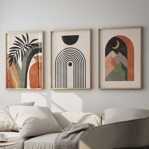 Boho Abstract Wall Art Prints: Set of 3, Mid Century Decor (Digital Download)