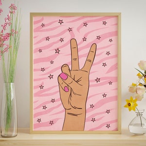 Pink Art Print Digital Poster Download Positive Wall Art, Positive Poster Peace Hand Wall Art, Positive Vibes Wall Art Peace Sign Hand Print