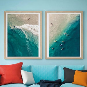 Surf Art Coastal Prints Set Of 2, Ocean Wall Art Swimming Print, Hawaii Beach Photo Digital, Aerial Ocean Print, Beach Photography Print