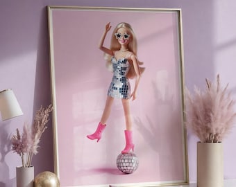 Girls room art pink disco print, Pink wall art disco art print, Funky wall art disco decorations, Fashion Doll disco ball pale pink wall art