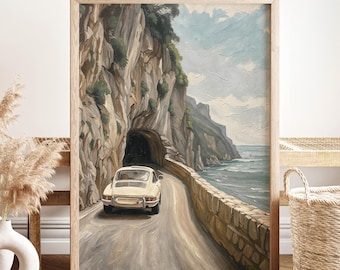 Décoration d'appartement d'art Français, art mural Monte Carlo, art de la Côte d'Azur avec voiture ancienne, paysage côtier imprimé océan, art du sud de la France