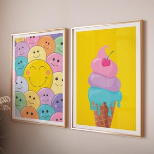 Lustige Wand Kunst Set y2k digitale Plakate, Bunte Kunst Druck Set 2, Bunte Wand Kunst Smiley und Eiscreme Wanddekor
