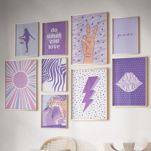 Láminas de arte contemporáneo morado para dormitorio, decoración de dopamina para dormitorio, láminas femeninas, pósteres con frases, arte morado femenino para pared.