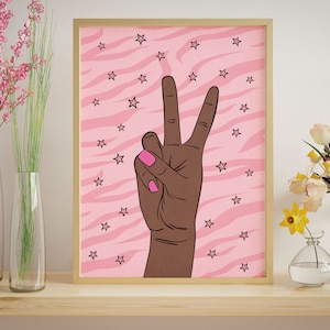 Impresión de decoración de habitación infantil, arte de pared para niña adolescente, póster de arte afroamericano rosa, arte de pared para niña adolescente negra, arte de pared para niños con signo de la paz de mano