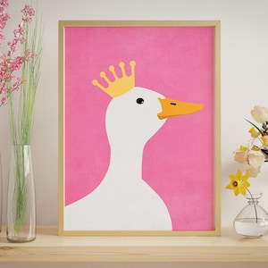 Póster estético de pared con diseño de habitación preppy en color rosa, póster estético con diseño de ganso con corona, decoración maximalista de pared, impresión artística de animales en color rosa