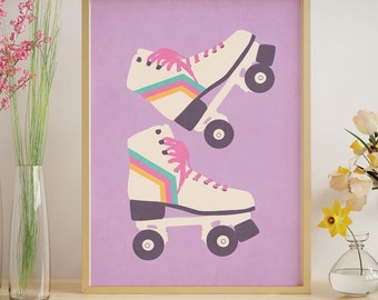 Purple Printable Wall Art Poster With Roller Skates, Roller Skates Wall Art Print Aesthetic, Digital Print Retro Wall Art Girls Room Decor