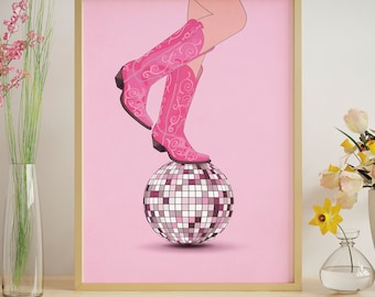 Cowgirl Boots Disco Party Western Wall Art, Cowboy Boots Retro Art Print, Disco Cowgirl Trendy Poster, Pink Disco Print, Cowgirl Art Print