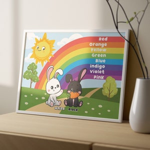 Decoración de pared para sala de juegos para niños, arte de pared con colores del arcoíris Montessori imprimible, póster horizontal digital con paisaje de dibujos animados coloridos para niños