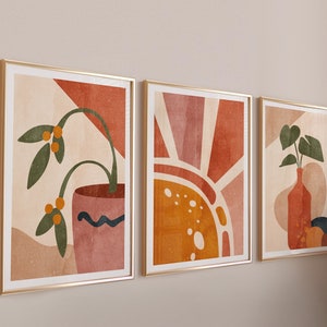 Boho Art Prints Set Of 3 Watercolor Print, Burnt Orange Art Prints Watercolor Wall Prints, Earth Tone Orange Wall Art Set Of Three Prints