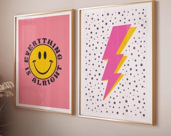 Y2K Room Decor Smile Face, Lightning Bolt Art Digital Download Prints, Teen Girl Wall Decor Printable, Bedroom Wall Art Room Decor For Teens