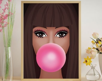 Trendy Bedroom Wall Art Girl Room Decor, Inspirational Digital Download Wall Art Print, Fashion Doll With Bubble Gum Downloadable Wall Art