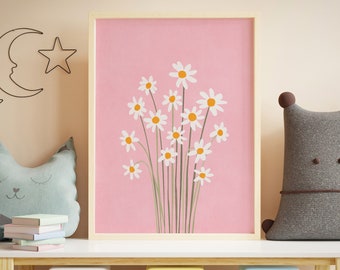 Decoración para habitación de bebé niña con estampado de margaritas, arte de pared infantil para habitación de niña con estampado floral, decoración para habitación de niña con estampado rosa, decoración para habitación de bebé con flores