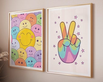Summer wall art set bright smiley faces and peace sign, Rainbow funny wall art decor, Summer poster set of 2 room decor aesthetic wall art