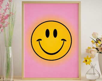 Funky Wall Art Smiley Face Print Download, Trendy Pink Wall Art, Yellow And Pink Wall Art Print, Gradient Pink Aesthetic Smiley Face Poster