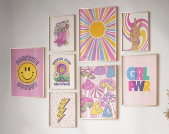 Colorful wall art prints trendy set of 8 posters, Purple pink wall art teen girl room decor, Retro funky wall art y2k room decor digital art