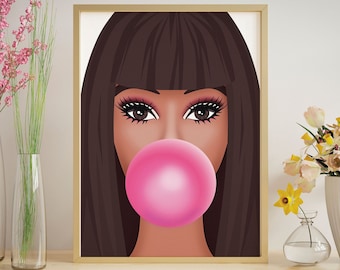 Printable preppy wall room decor, Fashion doll with bubble gum art poster, Digital download art print, Teen girl room decor pink wall art