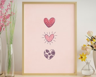 Blush pink wall art, Cute hearts wall art poster print, Trendy room decor, Valentines day art digital download