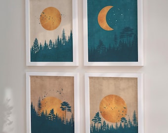 Sun And Moon Wall Art Prints Download Modern Landscape Print Set Of 4, Printable Wall Art Set Of 4 Prints Landscape Day And Night Print