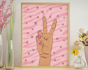 Pink Art Print Digital Poster Download Positive Wall Art, Positive Poster Peace Hand Wall Art, Positive Vibes Wall Art Peace Sign Hand Print