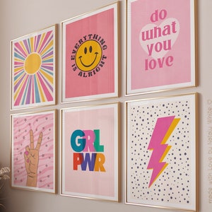 Decoración de dormitorio para niñas universitarias, decoración de pared sobre la cama para niñas, impresiones de arte de pared de niña adolescente rosa, descarga digital arte de pared conjunto de moda de 6