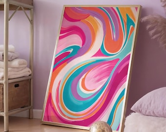 May include: Abstract painting with swirling lines in shades of pink, orange, blue, and white. The painting is framed in a gold frame and is leaning against a wall.